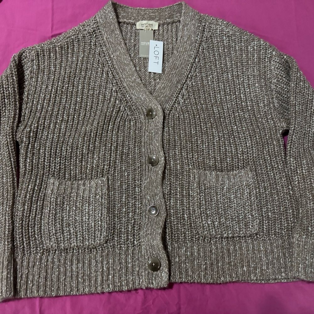 LOFT Women's Taupe Marled V-Neck Button Cardigan Shaker Knit